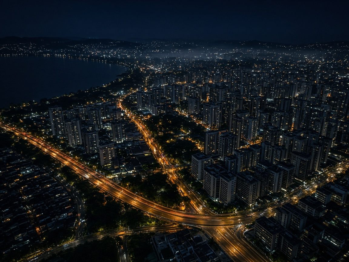 Vista aérea nocturna de rastreo vehicular